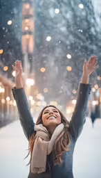 woman enjoying a walk in the snow on the street