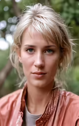 a woman with blonde hair wearing a brown shirt