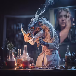 a demonic looking creature head in a still life scene