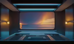 a room with large windows that overlook the water