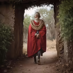 a woman in red is walking into an old stone structure