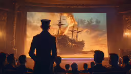 silhouette of a man in uniform standing before an animated painting on wall,a man standing in front of a giant screen