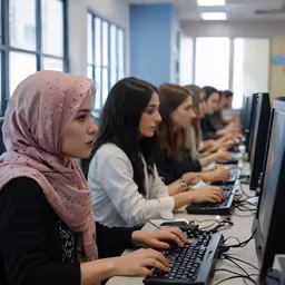 a group of women in long shirts using computers