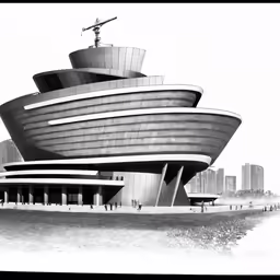 an architectural building with a large boat in the background