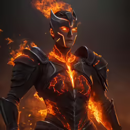 a woman in armor standing in front of fire