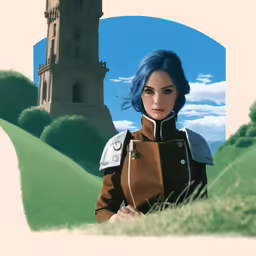 a girl with blue hair is standing in front of a clock tower