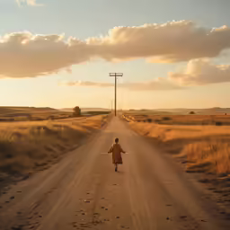 a lone person walking down the dirt road in the desert