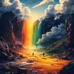 there is a waterfall with clouds in the sky