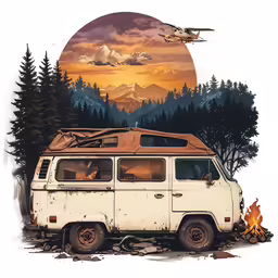 an image of an old van parked in the wilderness