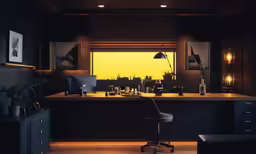 an office desk with a large window at night