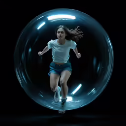 a girl in white shirt and blue denim shorts running inside a clear ball