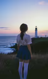 a woman standing by the water with a lighthouse in the background