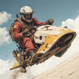 a person riding a small yellow motorcycle up a sand hill