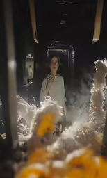 woman standing in front of a display of white stuff