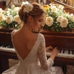 young beautiful woman in wedding dress playing piano