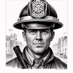a fireman with his hat is standing in front of the street
