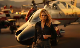 a woman standing in front of an airplane on the runway