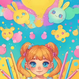 an animated cartoon girl holding many pencils