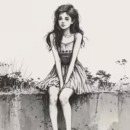 a pencil drawing of a woman sitting on a ledge