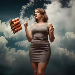 a girl in grey dress holding out a cigarette and hot dogs