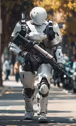 the white robot is standing with his gun