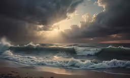 a sunset over the ocean with clouds and waves