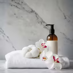some flowers and soap next to a white towel on a marble counter