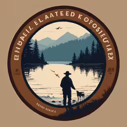 a man with a dog standing on the shore of a lake with a fishing rod,the emblem for a fly fishing spot