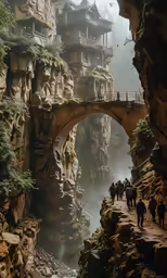several people are walking through a tunnel in the desert