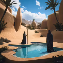 a woman is standing in front of an unusual pool