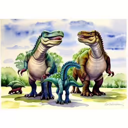 a couple of dinosaurs sitting on top of a grass covered field