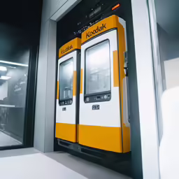 the door on a train has yellow and white panels
