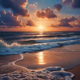 some water clouds and the sun setting on a beach