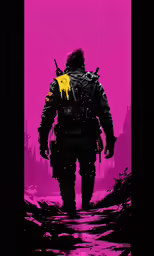 a person wearing a gas mask and holding two guns and walking down a dark hallway, in front of pink and purple walls