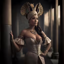 a lady in costume leaning against a pillar
