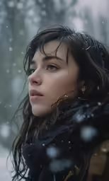 a woman in the snow wearing a jacket and scar