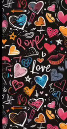 the pattern is colorful and hearty, with words, hearts, and stars