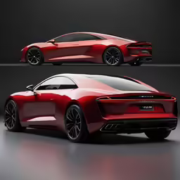two views of the rear and side of a red sports car