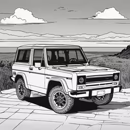 the white jeep is driving down the road in the mountains,an suv with a sky background and mountains in the background