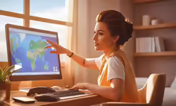 a woman is pointing at the screen of her computer