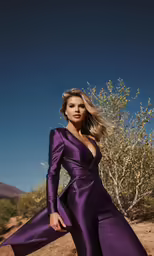 a model wearing a purple dress with the bottom slit