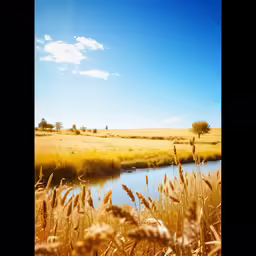 an idyllic landscape of a field and a river