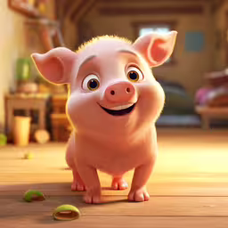 a pink pig with one leg extended stands in the middle of a living room,an animation pig looking up while standing on the floor