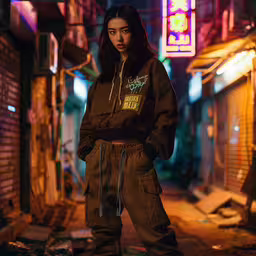 the young woman is standing on a city street,a young woman is standing in the alley