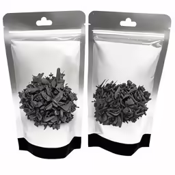 two bagged ziplock bags containing black seed pods
