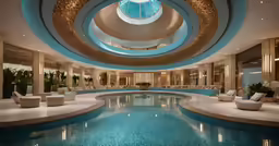 a large indoor swimming pool in a hotel with a circular roof