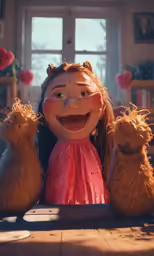 an orange haired doll sitting between two bears