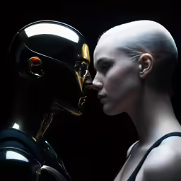 a woman in front of an alien head and another woman in the background