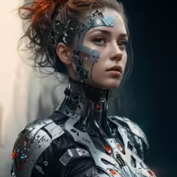 a woman in a black and silver robotic suit