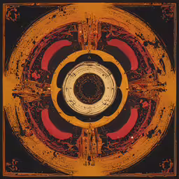 the abstract art in this image has an orange and yellow color scheme,a circular image has a red and yellow frame